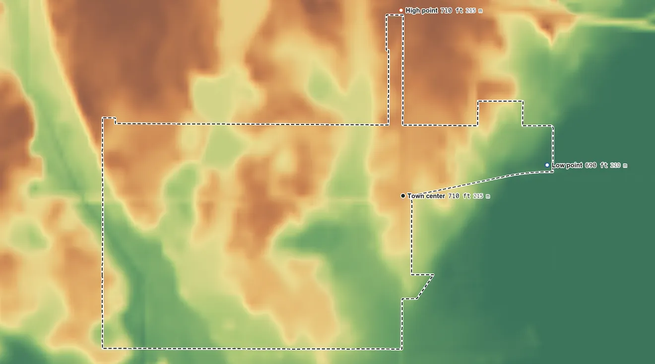 Topographic elevation map of South Center, Indiana, shaded from 690 ft on the east side to 710 ft on the north side