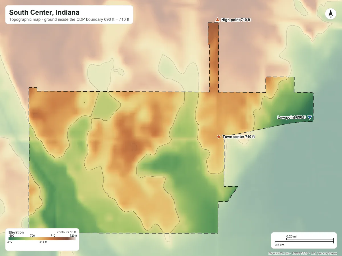 Topographic elevation map of South Center, Indiana, shaded from 690 ft on the east side to 710 ft on the north side