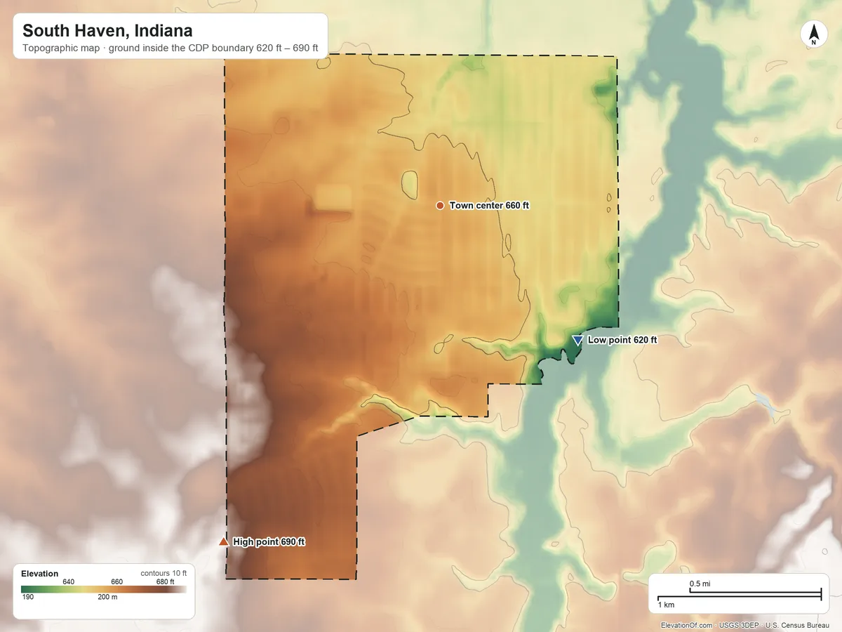 Topographic elevation map of South Haven, Indiana, shaded from 620 ft on the southeast side to 690 ft on the southwest side
