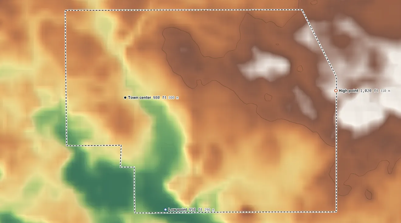 Topographic elevation map of South Milford, Indiana, shaded from 950 ft on the south side to 1,020 ft on the east side