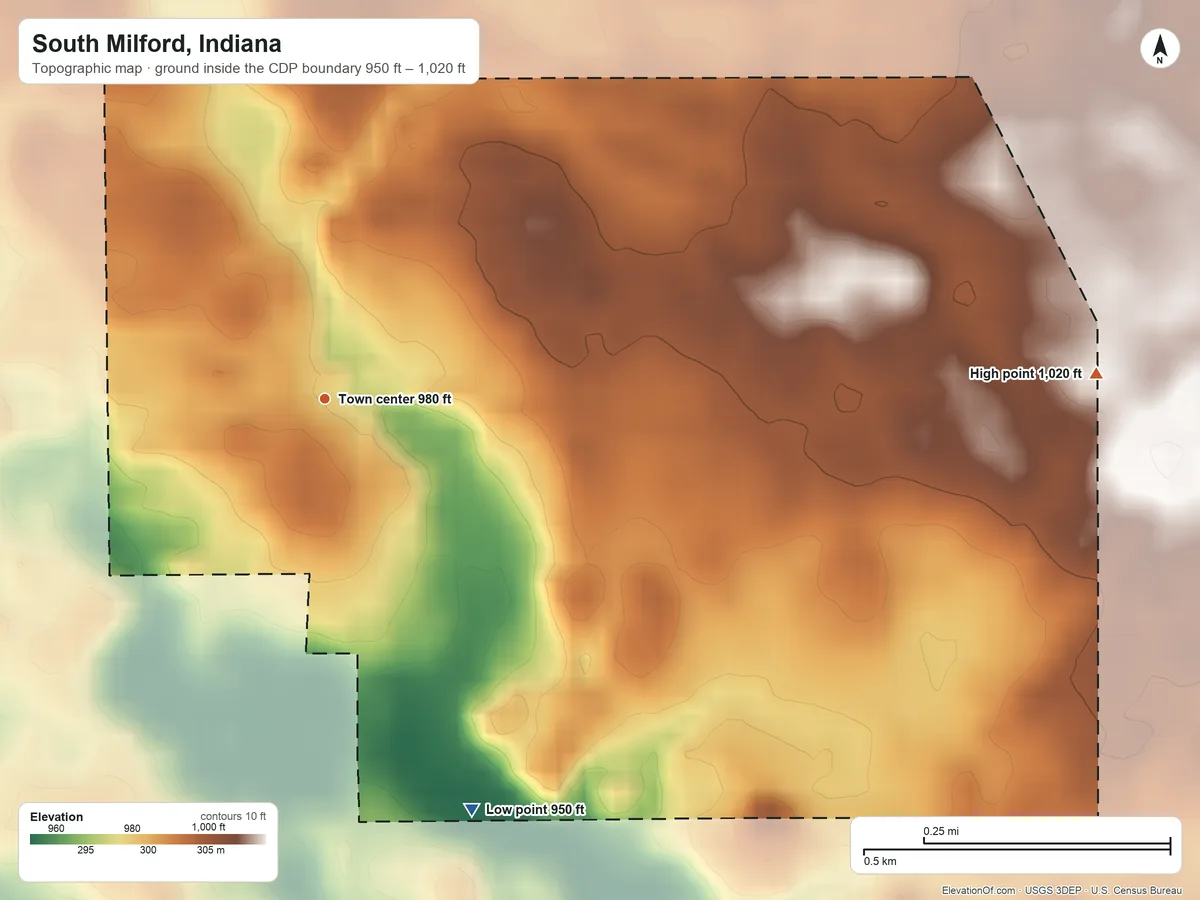 Topographic elevation map of South Milford, Indiana, shaded from 950 ft on the south side to 1,020 ft on the east side