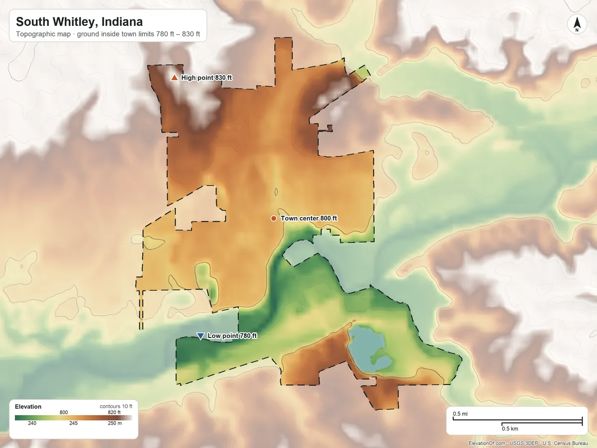 Topographic elevation map of South Whitley, Indiana, shaded from 780 ft on the southwest side to 830 ft on the northwest side