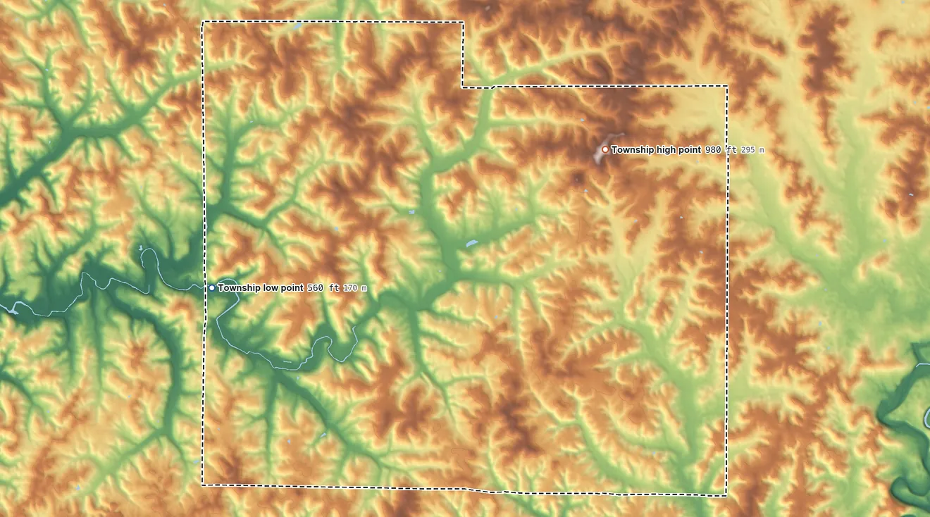 Topographic elevation map of Southeast Township, Indiana, shaded from 560 ft on the west side to 980 ft on the northeast side