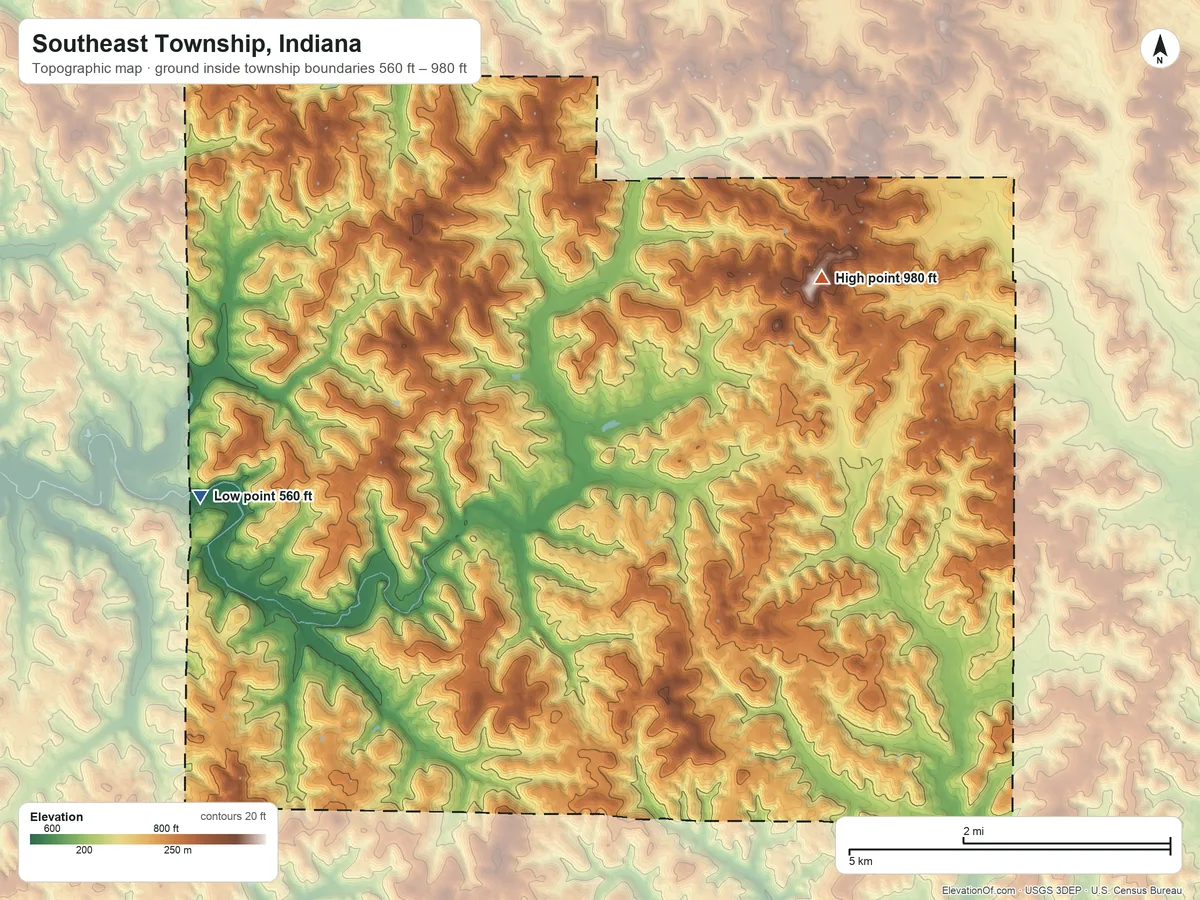 Topographic elevation map of Southeast Township, Indiana, shaded from 560 ft on the west side to 980 ft on the northeast side