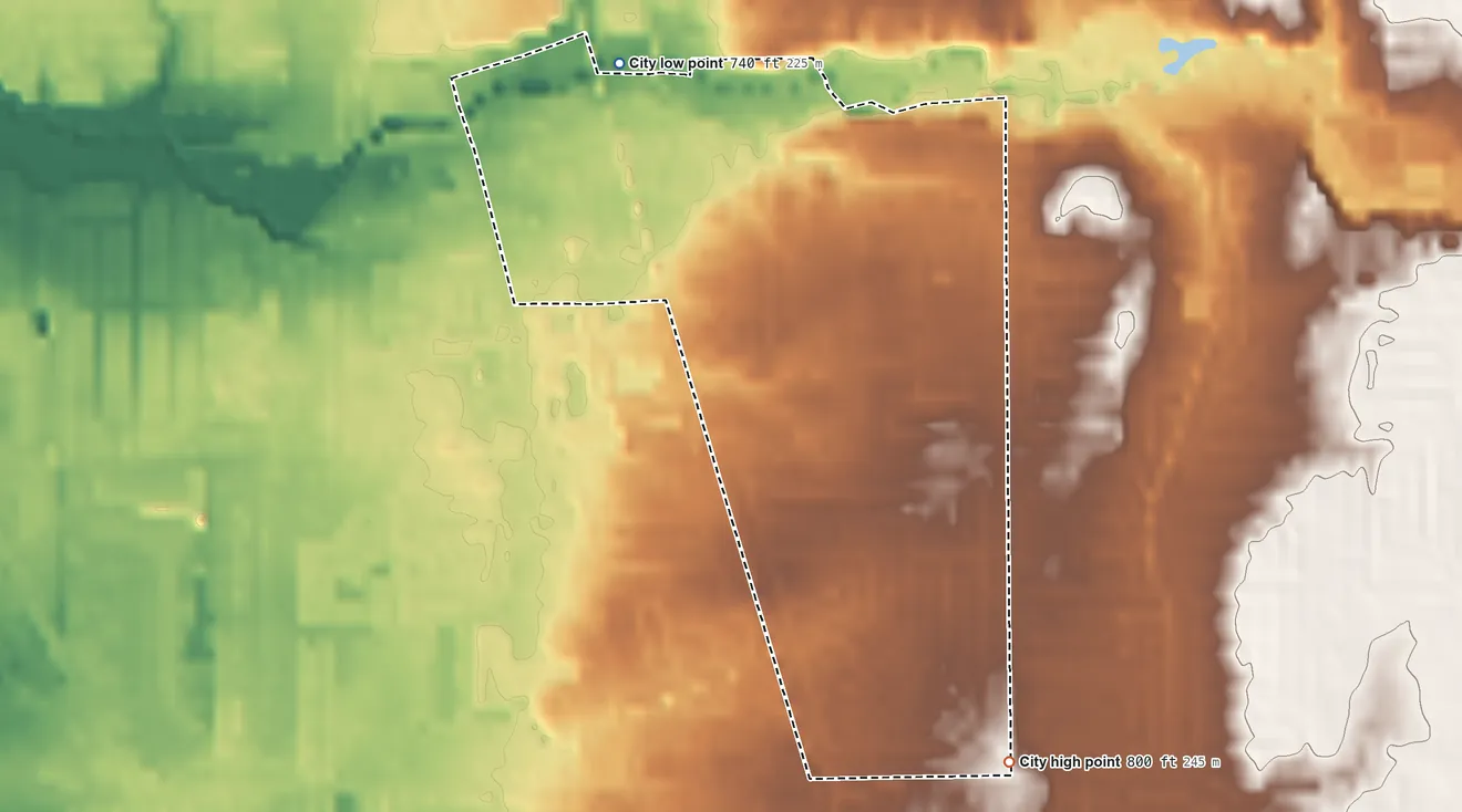 Topographic elevation map of Southport, Indiana, shaded from 740 ft on the northwest side to 800 ft on the southeast side