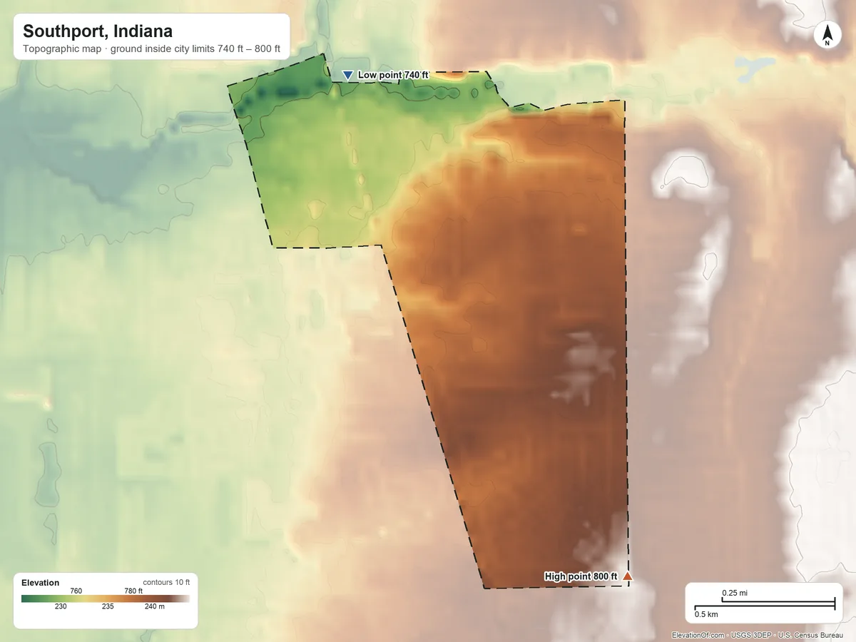 Topographic elevation map of Southport, Indiana, shaded from 740 ft on the northwest side to 800 ft on the southeast side