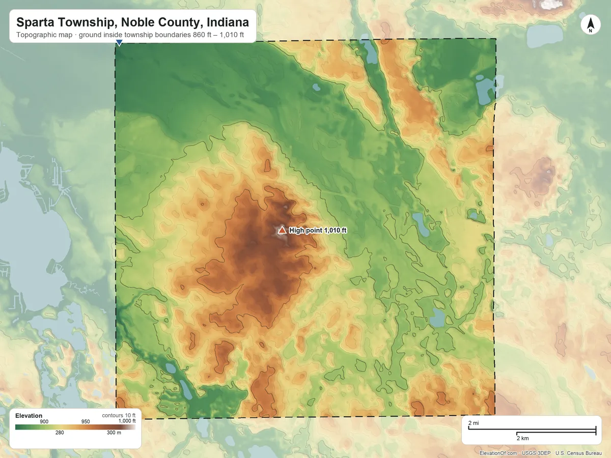 Topographic elevation map of Sparta Township, Noble County, Indiana, shaded from 860 ft on the northwest side to 1,010 ft near the middle