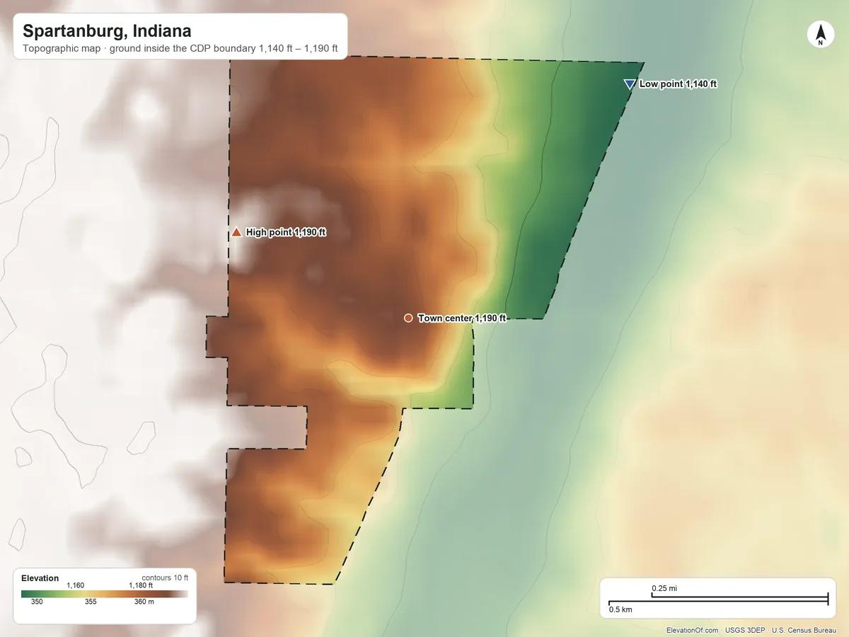 Topographic elevation map of Spartanburg, Indiana, shaded from 1,140 ft on the northeast side to 1,190 ft on the northwest side