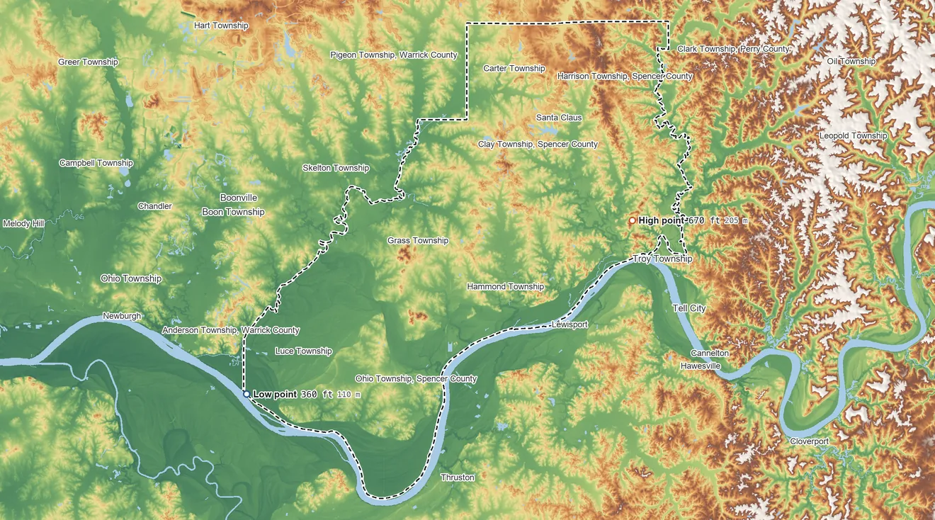 Topographic elevation map of Spencer County, Indiana, shaded from 360 ft on the southwest side to 670 ft on the east side