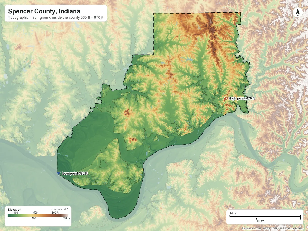 Topographic elevation map of Spencer County, Indiana, shaded from 360 ft on the southwest side to 670 ft on the east side