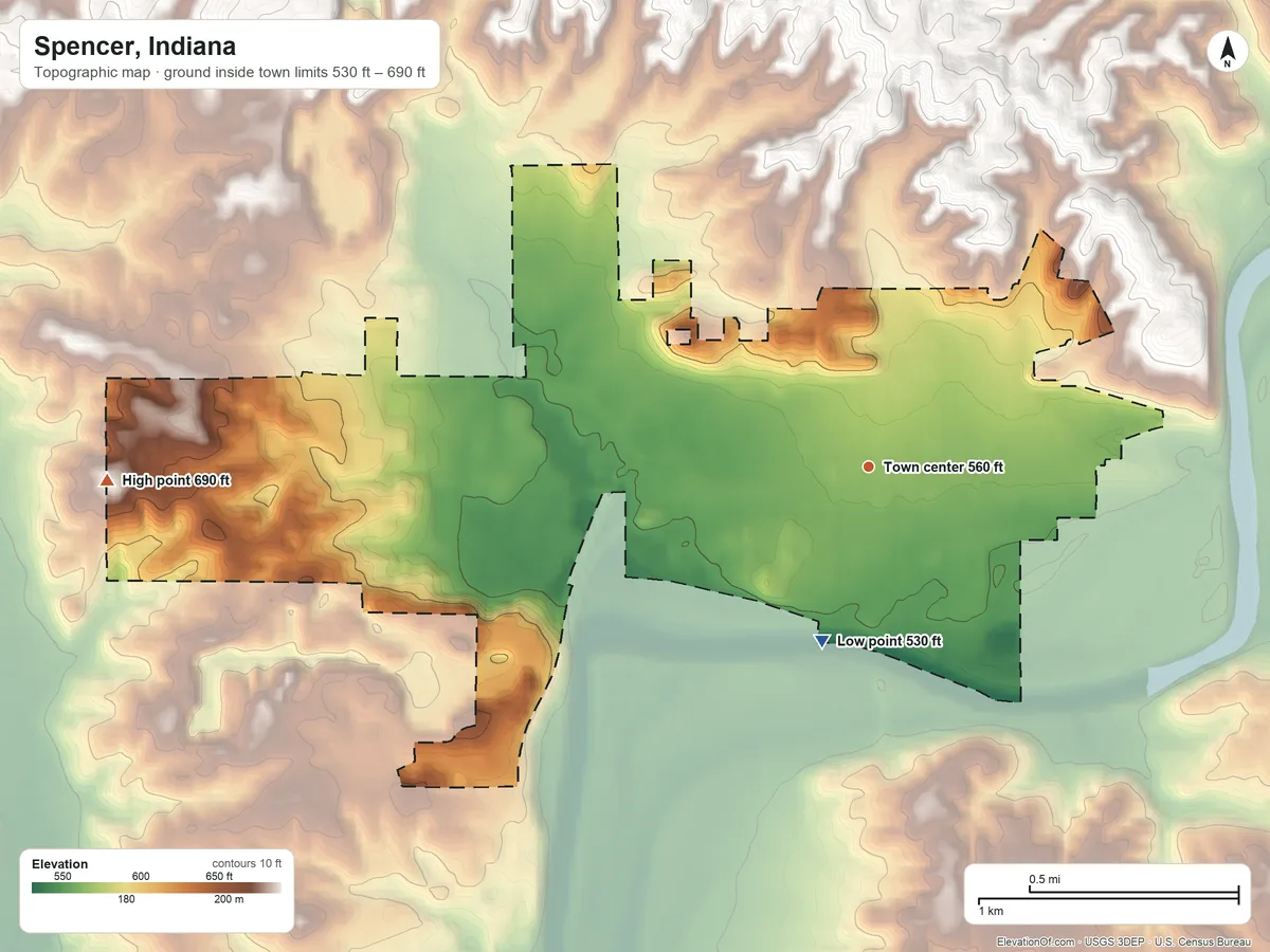 Topographic elevation map of Spencer, Indiana, shaded from 530 ft on the south side to 690 ft on the west side