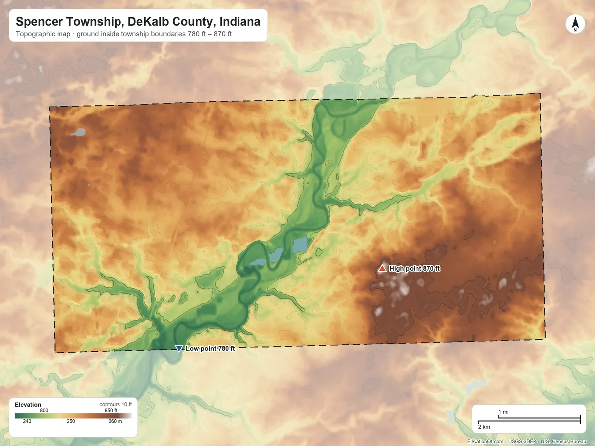 Topographic elevation map of Spencer Township, DeKalb County, Indiana, shaded from 780 ft on the southwest side to 870 ft on the southeast side