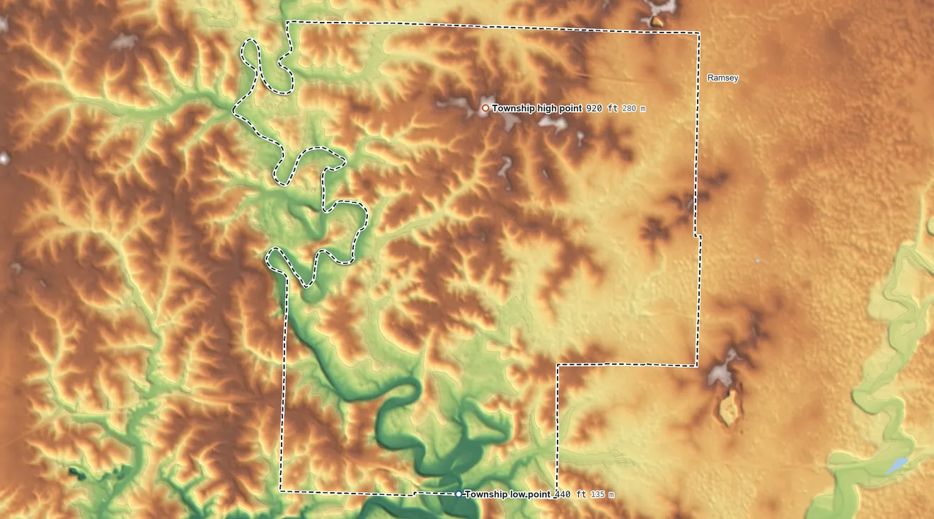 Topographic elevation map of Spencer Township, Harrison County, Indiana, shaded from 440 ft on the south side to 920 ft on Seigs Hill