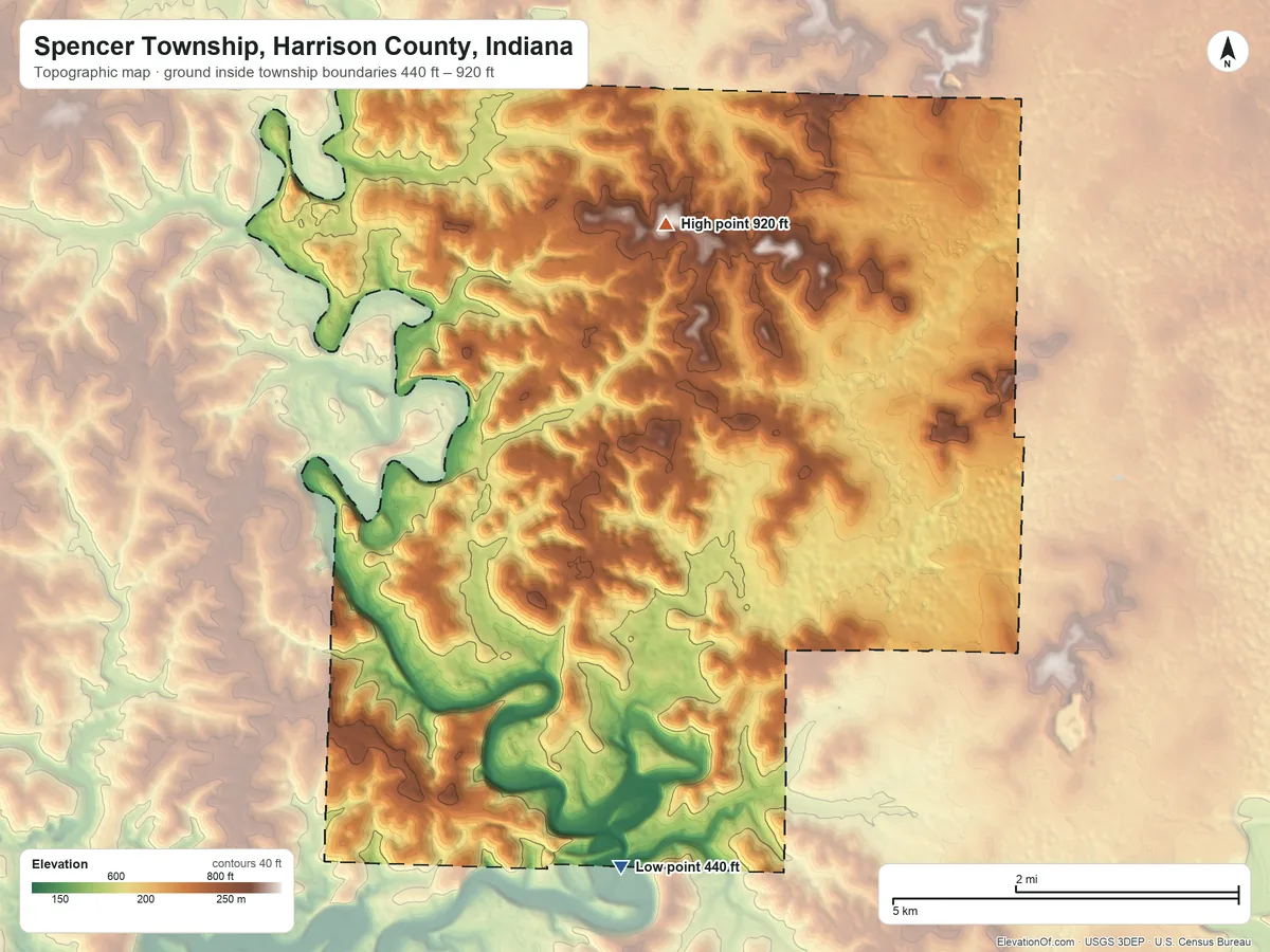 Topographic elevation map of Spencer Township, Harrison County, Indiana, shaded from 440 ft on the south side to 920 ft on Seigs Hill