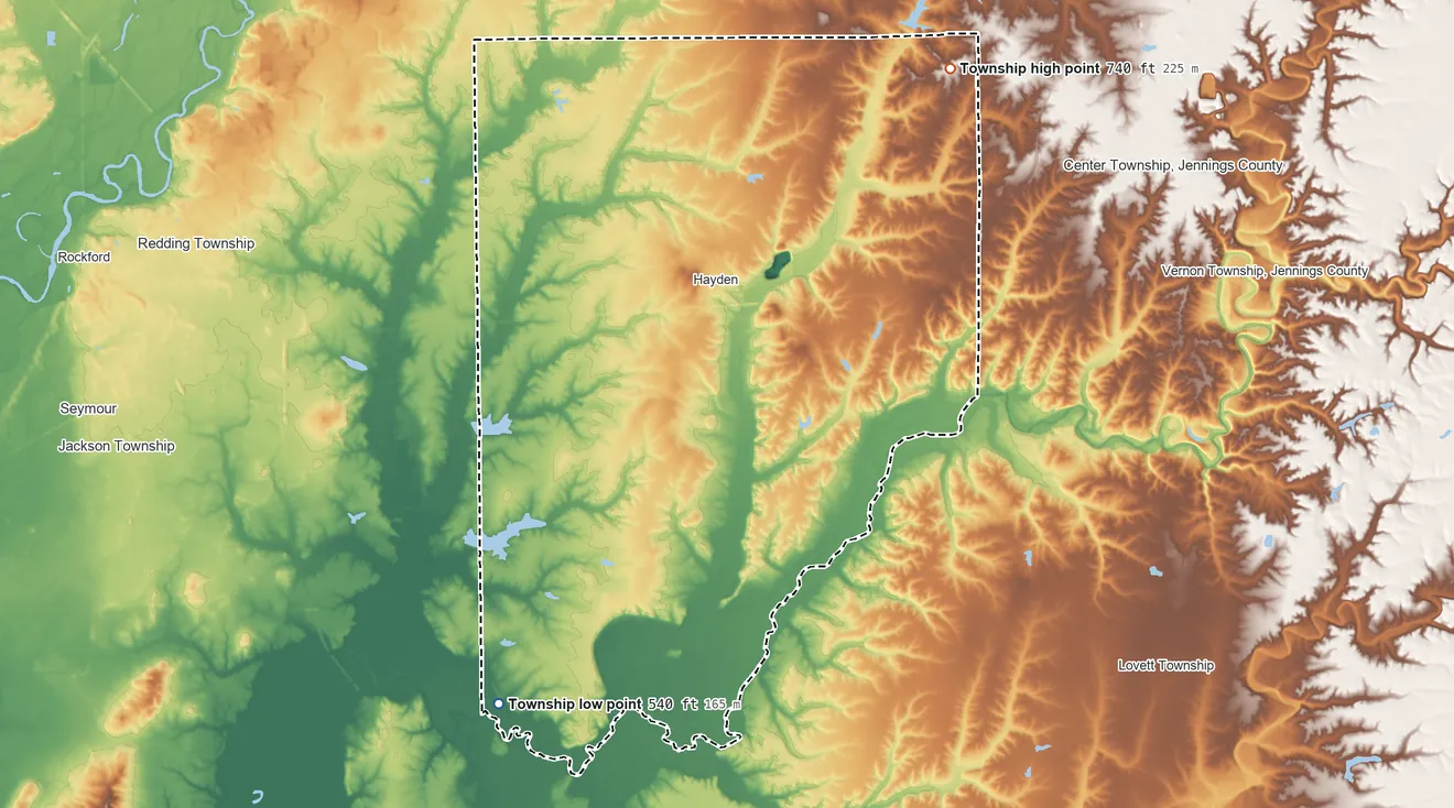 Topographic elevation map of Spencer Township, Indiana, shaded from 540 ft on the southwest side to 740 ft on the northeast side