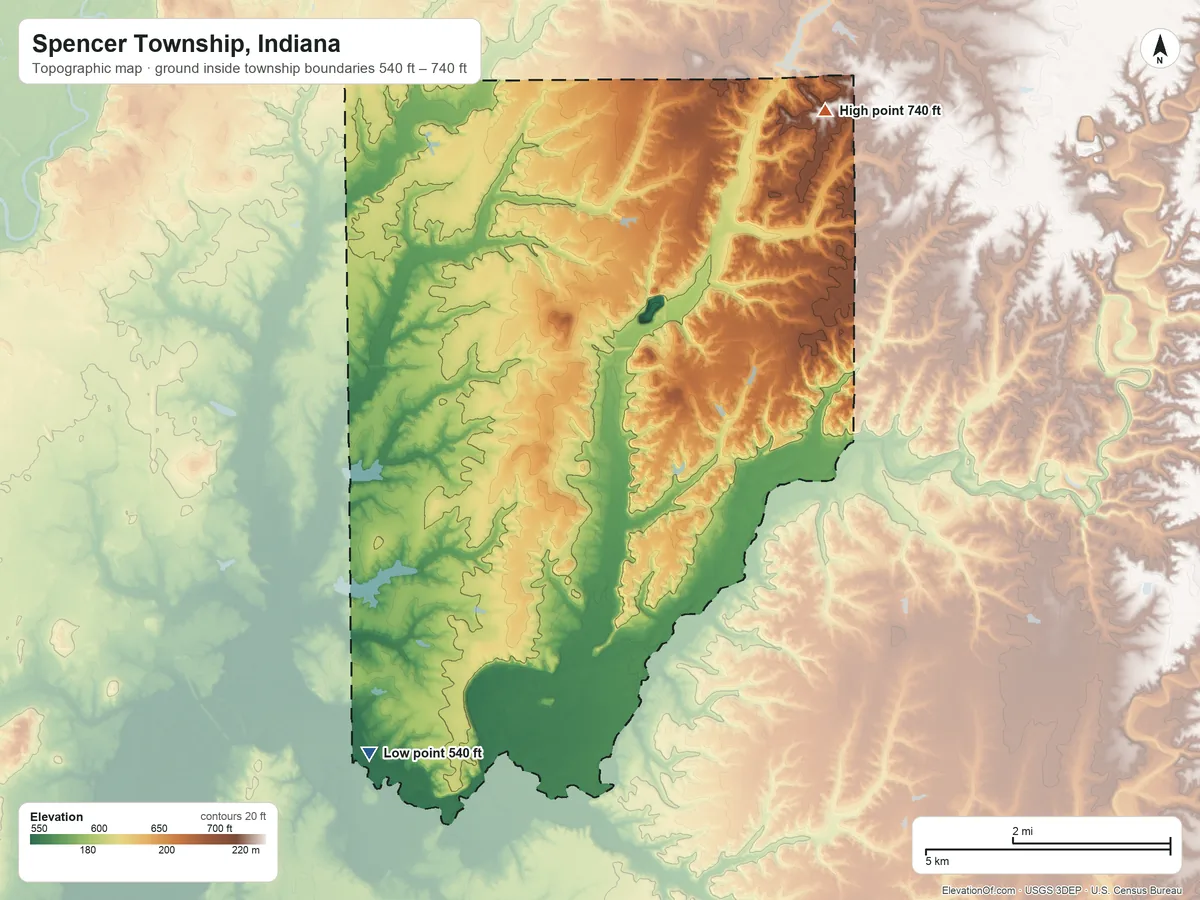 Topographic elevation map of Spencer Township, Indiana, shaded from 540 ft on the southwest side to 740 ft on the northeast side