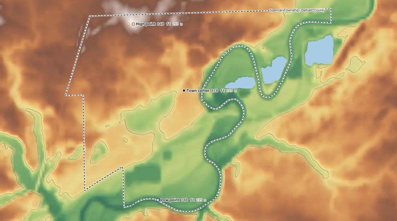 Topographic elevation map of Spencerville, Indiana, shaded from 780 ft on the south side to 840 ft on the northwest side