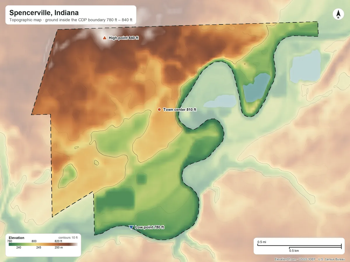 Topographic elevation map of Spencerville, Indiana, shaded from 780 ft on the south side to 840 ft on the northwest side