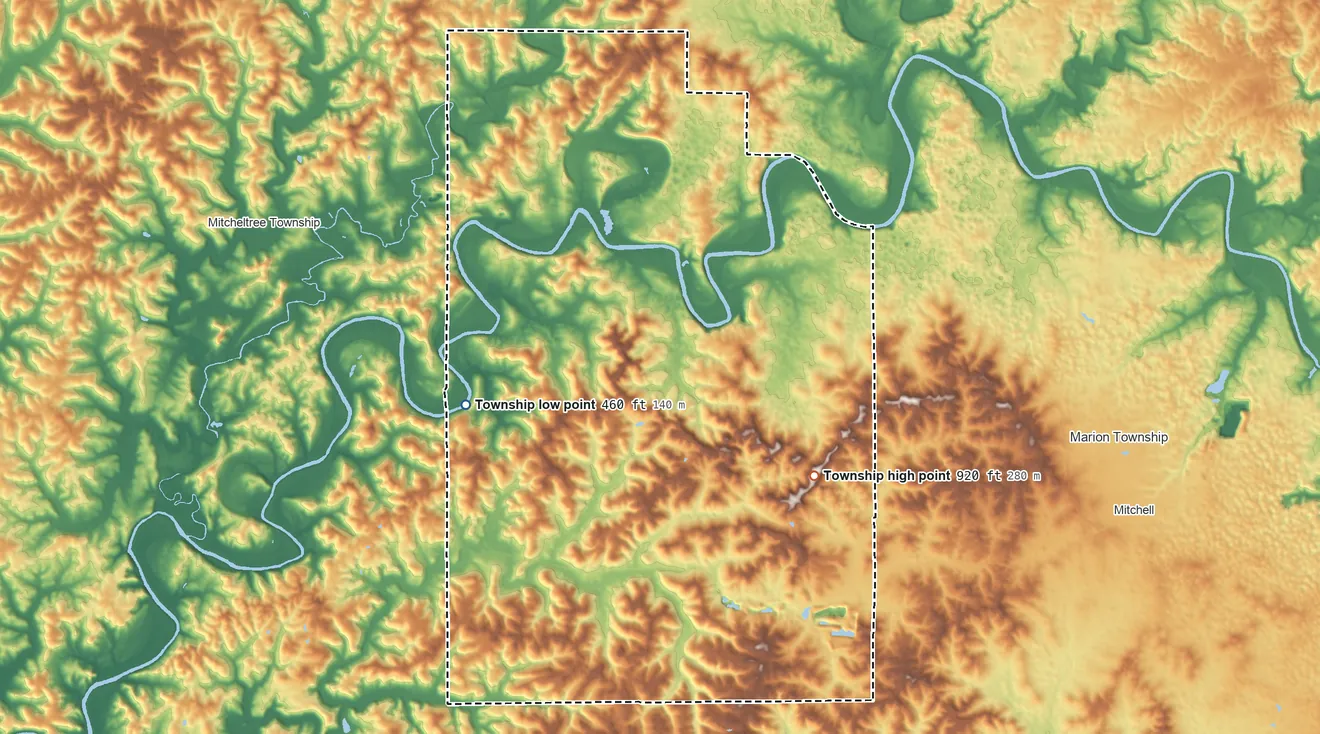 Topographic elevation map of Spice Valley Township, Indiana, shaded from 460 ft on the west side to 920 ft on the southeast side