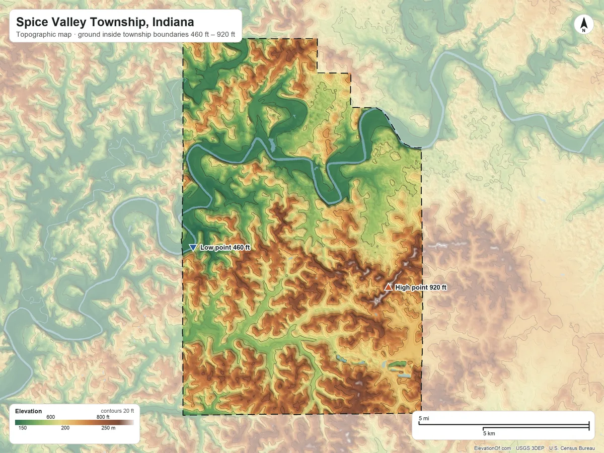 Topographic elevation map of Spice Valley Township, Indiana, shaded from 460 ft on the west side to 920 ft on the southeast side