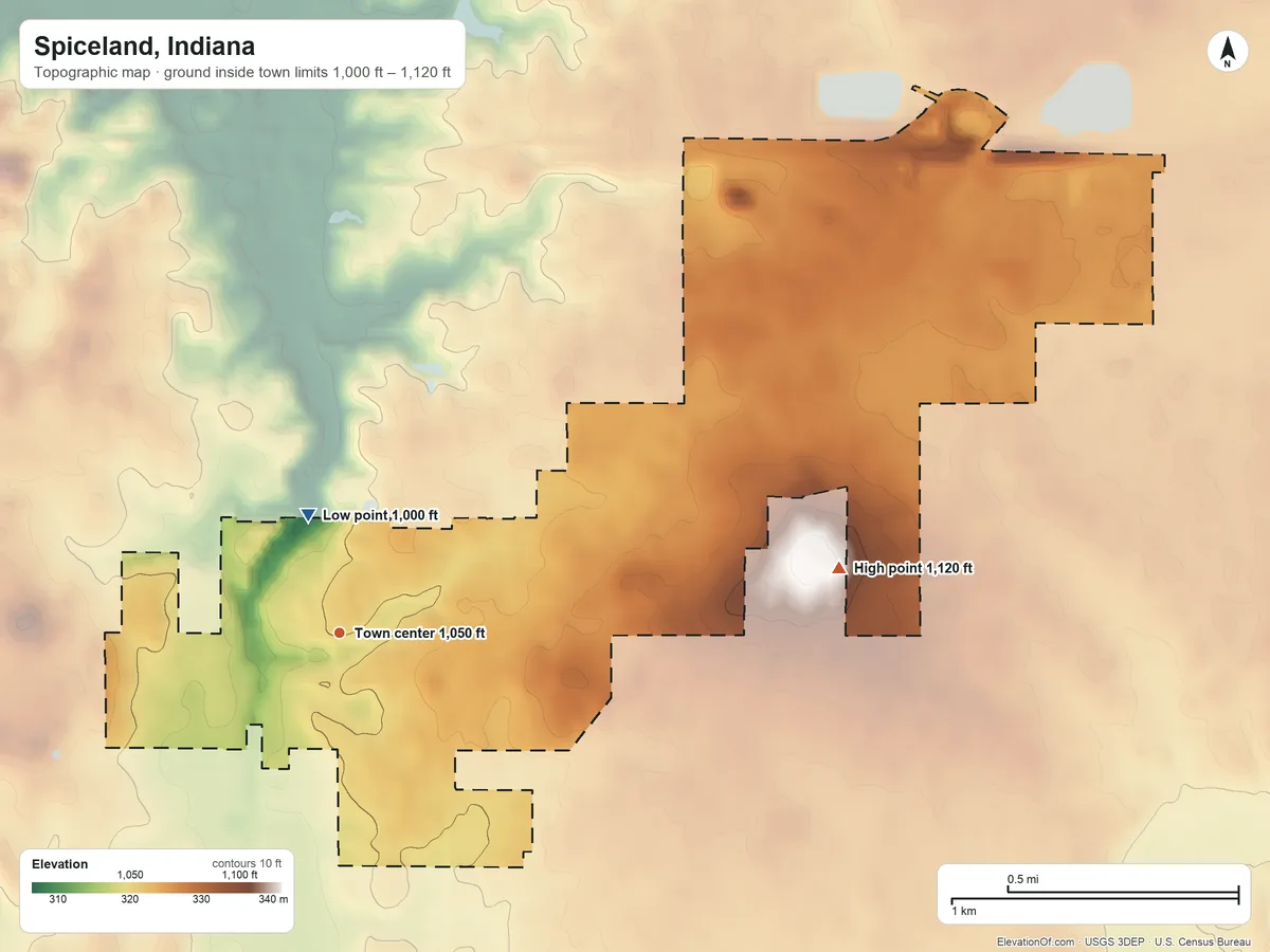 Topographic elevation map of Spiceland, Indiana, shaded from 1,000 ft near the middle to 1,120 ft on the east side