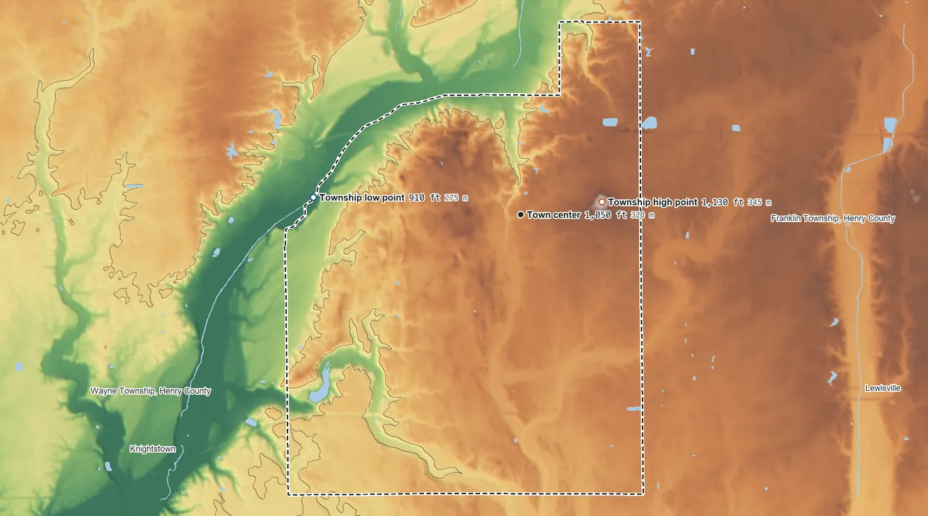 Topographic elevation map of Spiceland Township, Indiana, shaded from 910 ft on the west side to 1,130 ft on the east side