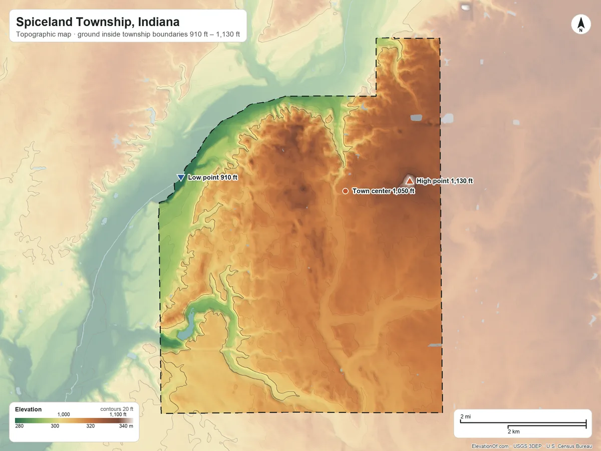 Topographic elevation map of Spiceland Township, Indiana, shaded from 910 ft on the west side to 1,130 ft on the east side