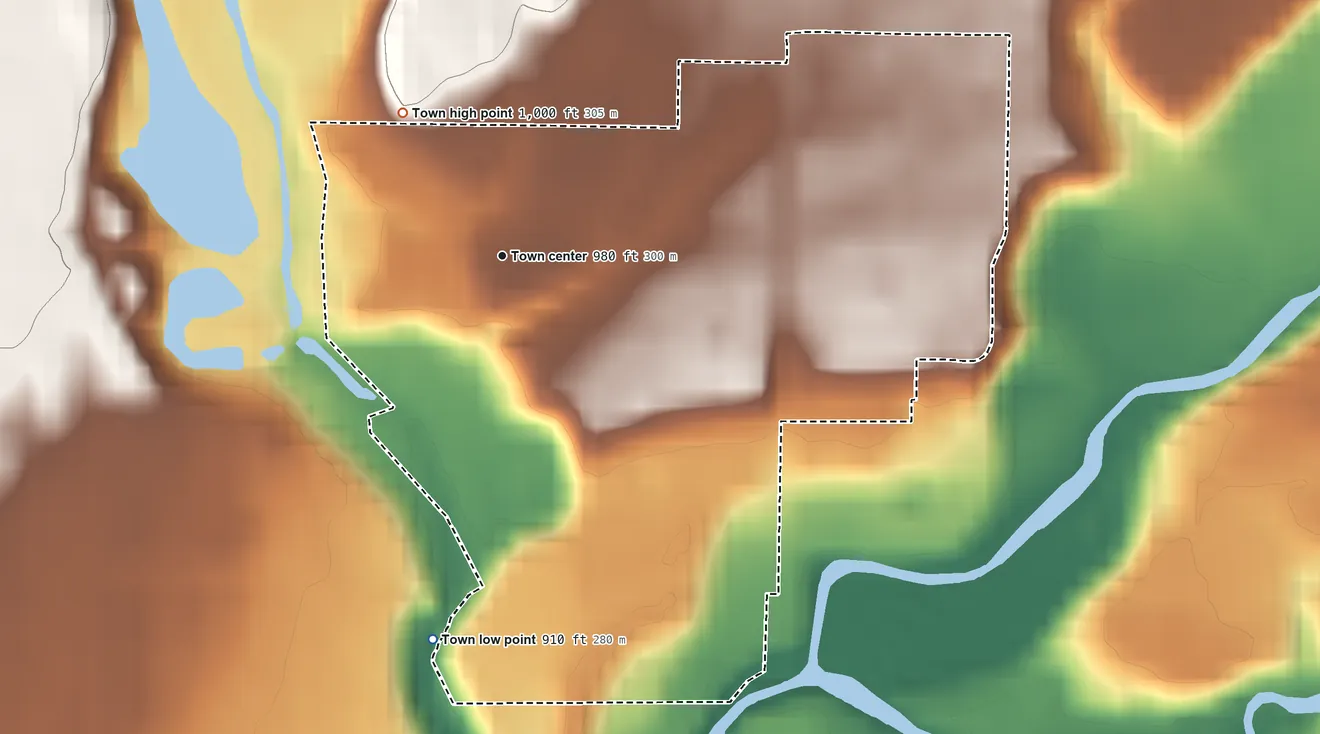 Topographic elevation map of Spring Grove, Indiana, shaded from 910 ft on the south side to 1,000 ft on the northwest side