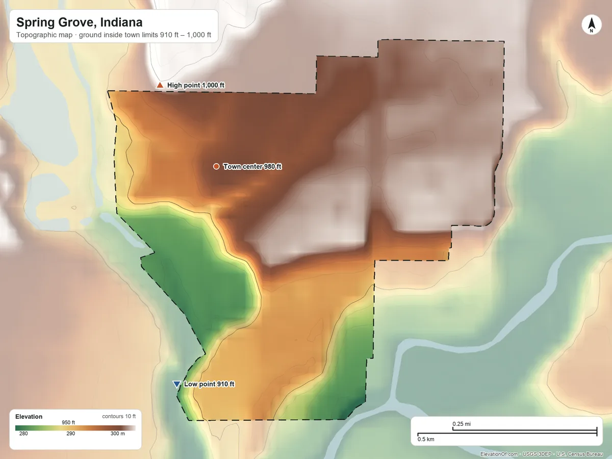 Topographic elevation map of Spring Grove, Indiana, shaded from 910 ft on the south side to 1,000 ft on the northwest side