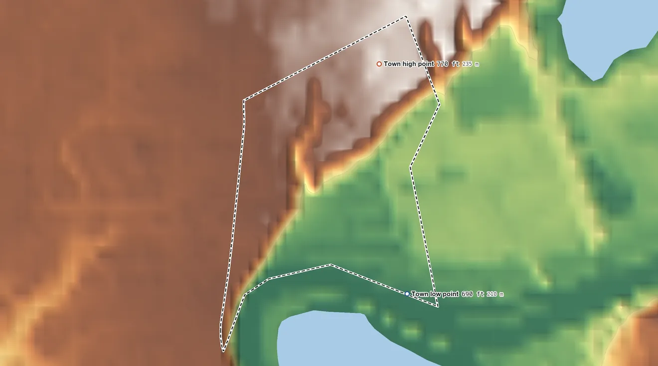 Topographic elevation map of Spring Hill, Indiana, shaded from 690 ft on the southeast side to 770 ft on the north side