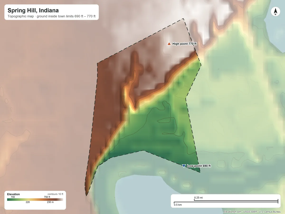 Topographic elevation map of Spring Hill, Indiana, shaded from 690 ft on the southeast side to 770 ft on the north side