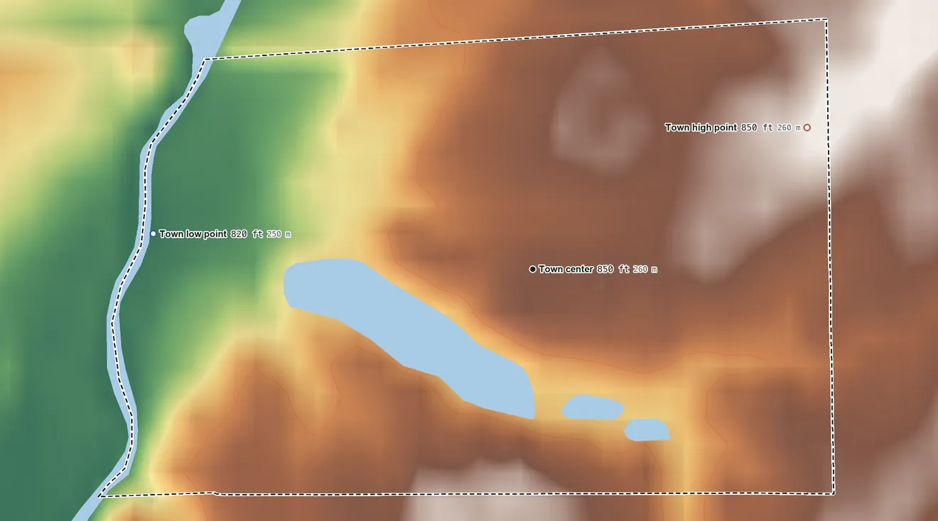 Topographic elevation map of Spring Lake, Indiana, shaded from 820 ft on the west side to 850 ft on the northeast side