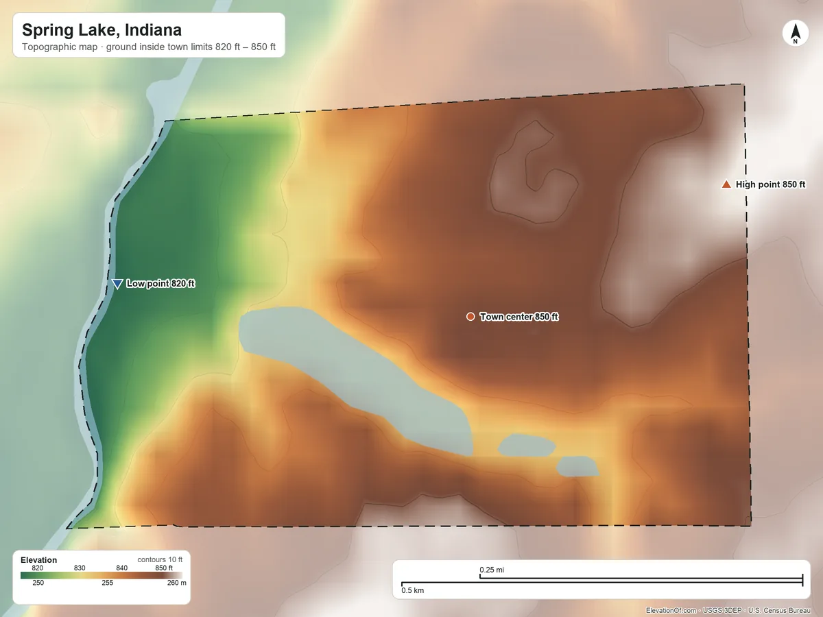 Topographic elevation map of Spring Lake, Indiana, shaded from 820 ft on the west side to 850 ft on the northeast side