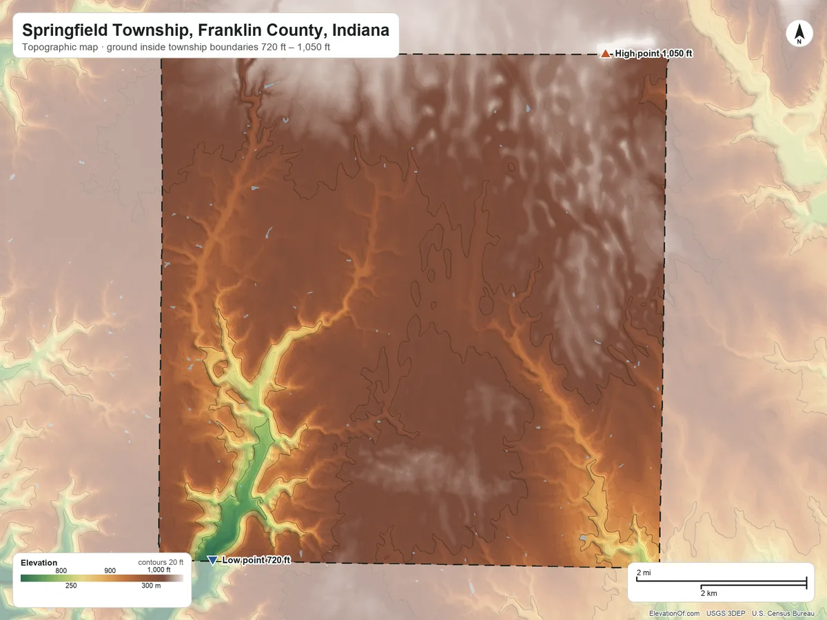 Topographic elevation map of Springfield Township, Franklin County, Indiana, shaded from 720 ft on the southwest side to 1,050 ft on the northeast side