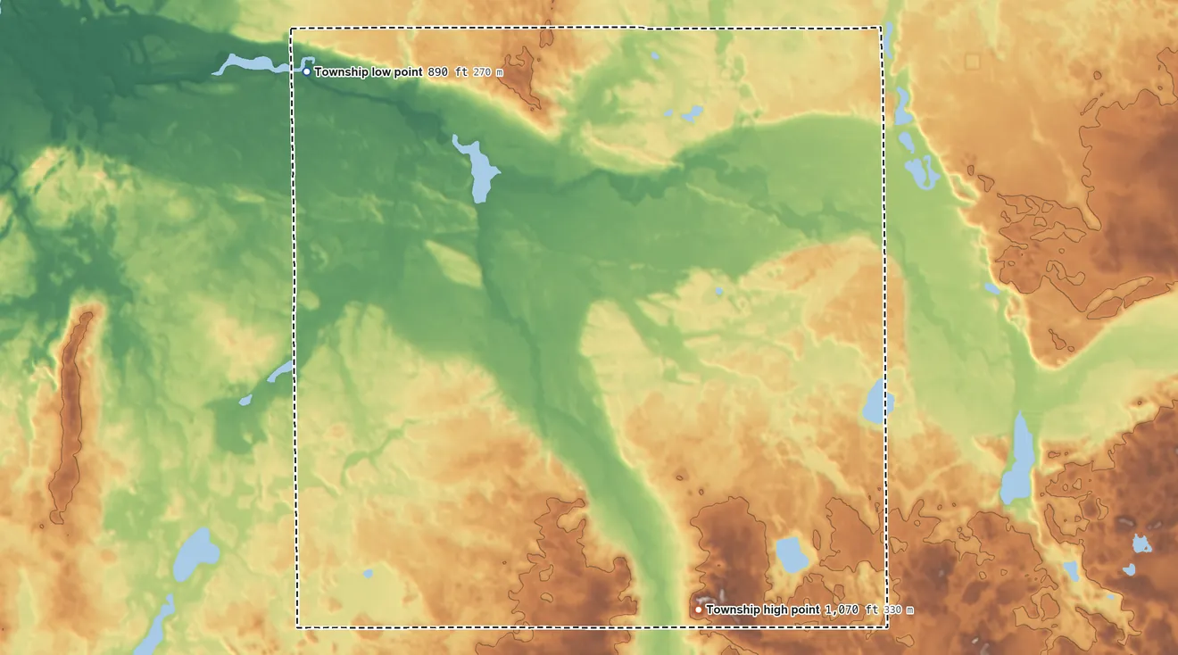 Topographic elevation map of Springfield Township, LaGrange County, Indiana, shaded from 890 ft on the northwest side to 1,070 ft on the southeast side