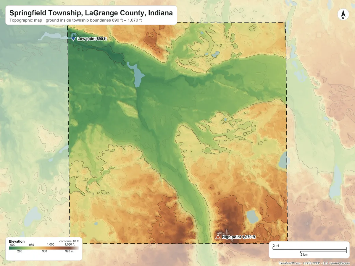 Topographic elevation map of Springfield Township, LaGrange County, Indiana, shaded from 890 ft on the northwest side to 1,070 ft on the southeast side