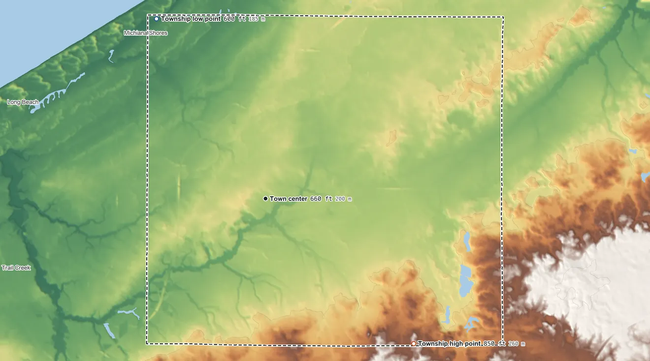Topographic elevation map of Springfield Township, LaPorte County, Indiana, shaded from 600 ft on the northwest side to 850 ft on the southeast side