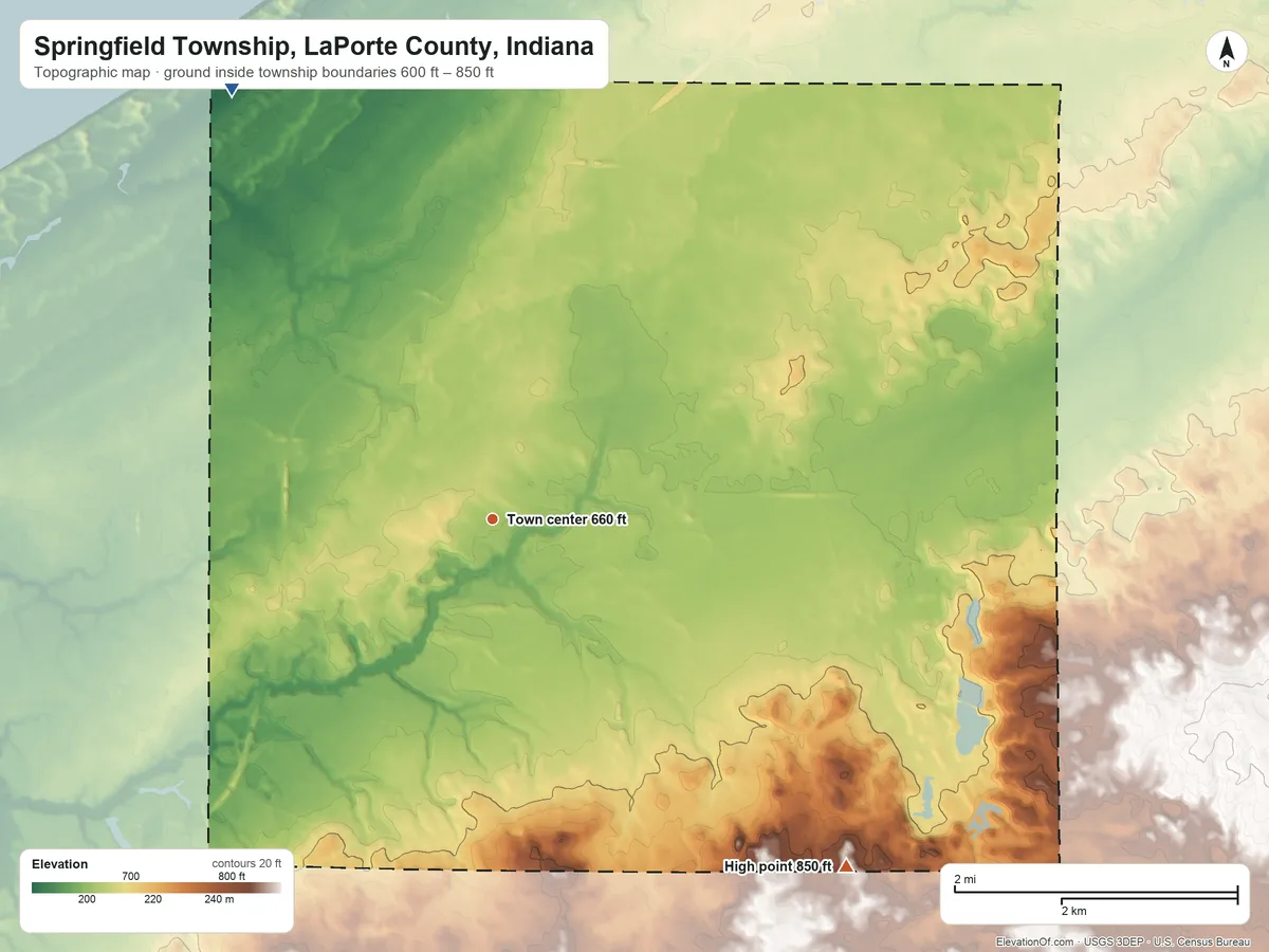 Topographic elevation map of Springfield Township, LaPorte County, Indiana, shaded from 600 ft on the northwest side to 850 ft on the southeast side