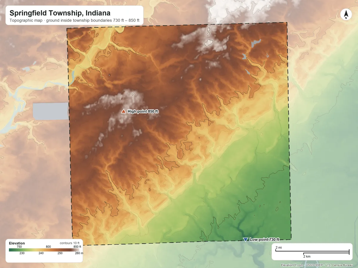 Topographic elevation map of Springfield Township, Indiana, shaded from 730 ft on the southeast side to 850 ft on the northwest side