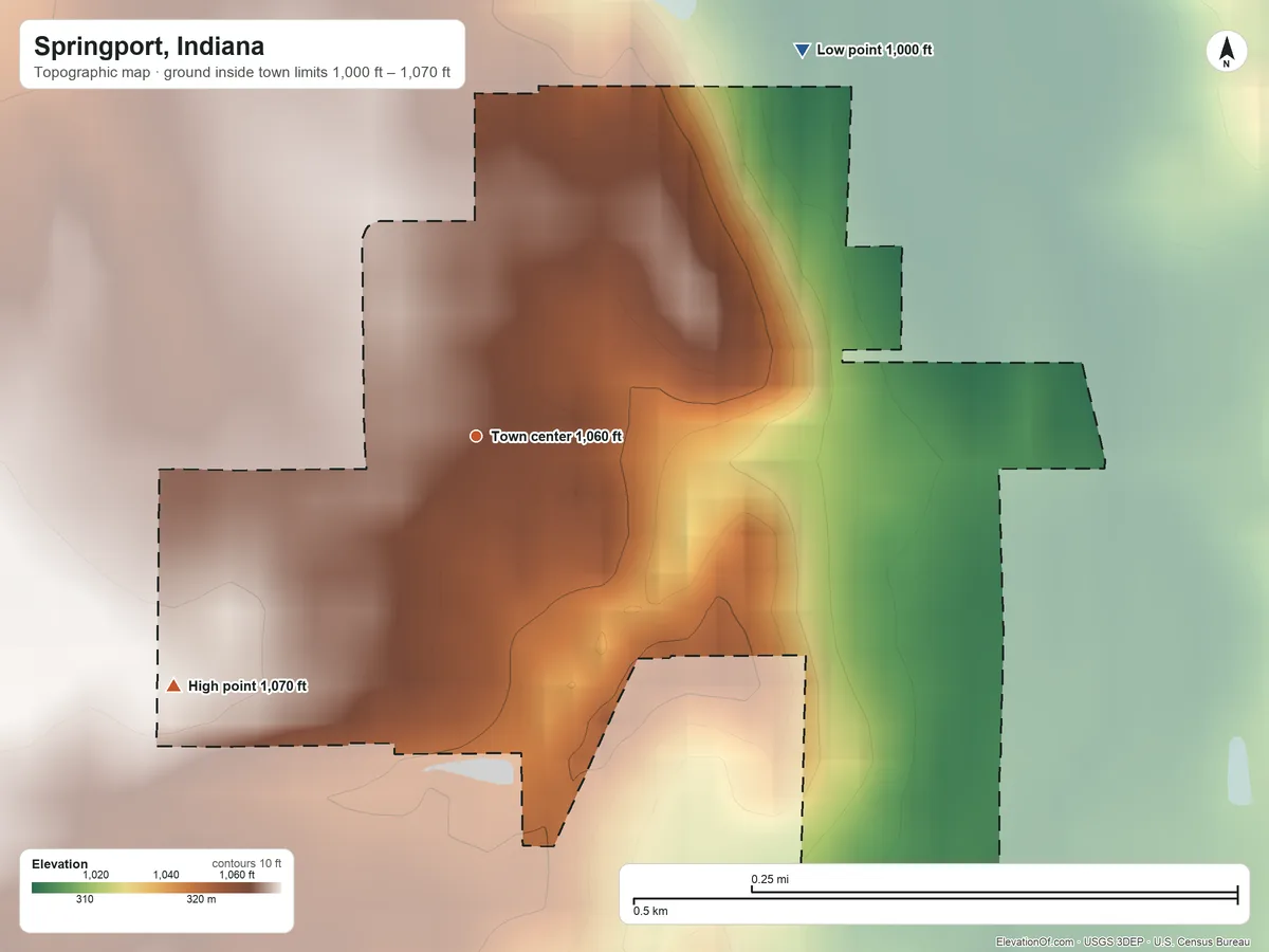 Topographic elevation map of Springport, Indiana, shaded from 1,000 ft on the northeast side to 1,070 ft on the southwest side