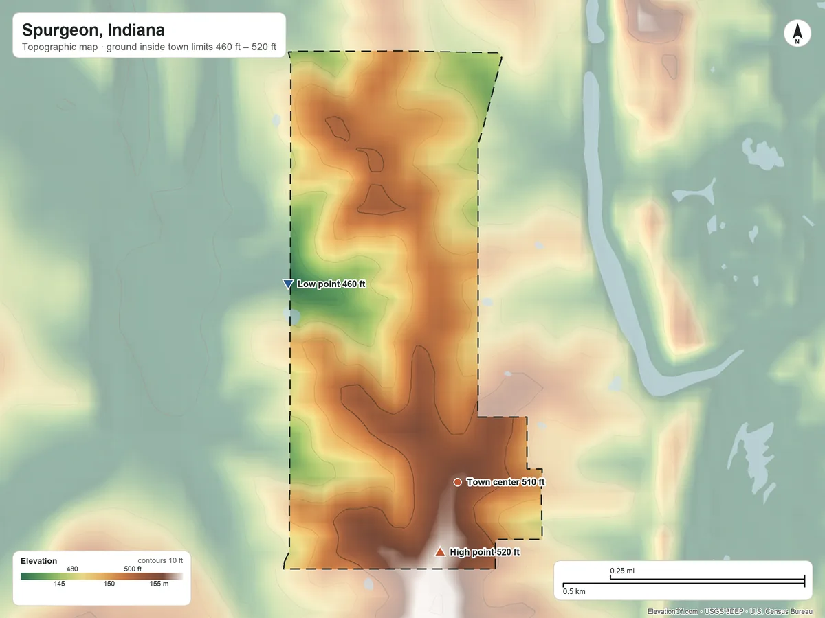 Topographic elevation map of Spurgeon, Indiana, shaded from 460 ft on the northwest side to 520 ft on the south side