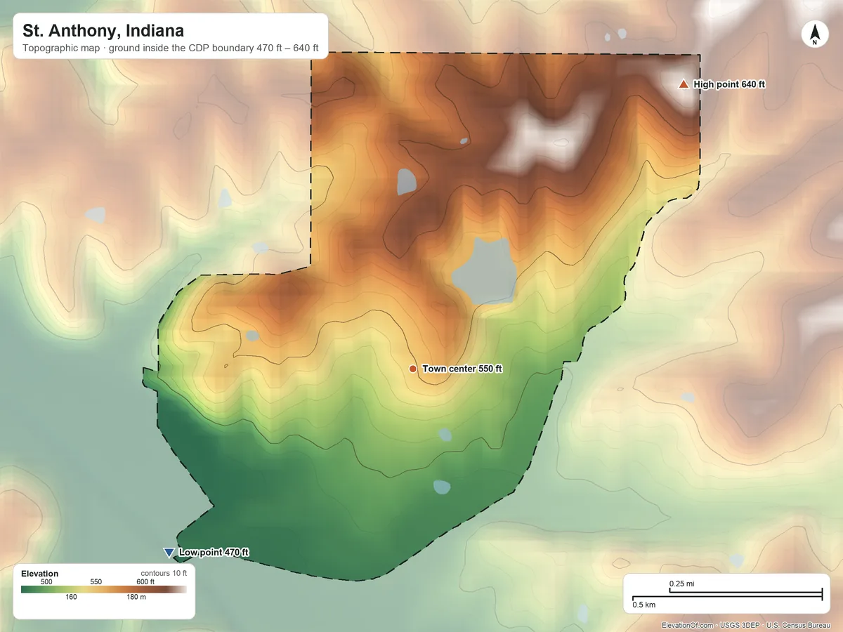 Topographic elevation map of St. Anthony, Indiana, shaded from 470 ft on the southwest side to 640 ft on the northeast side