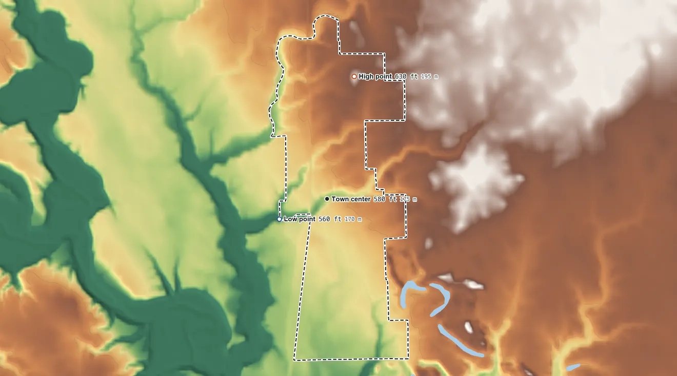 Topographic elevation map of St. Bernice, Indiana, shaded from 560 ft on the southwest side to 630 ft on the north side