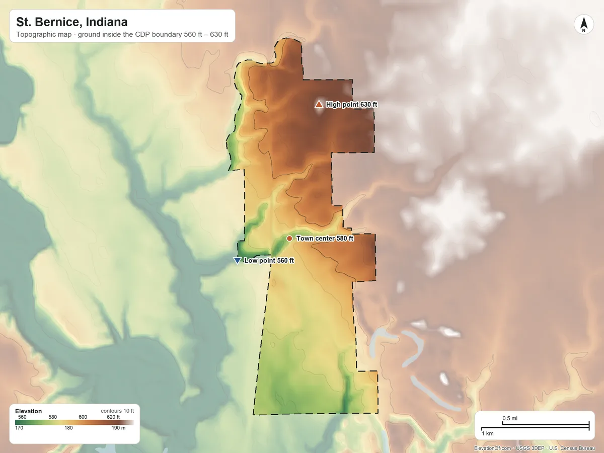Topographic elevation map of St. Bernice, Indiana, shaded from 560 ft on the southwest side to 630 ft on the north side