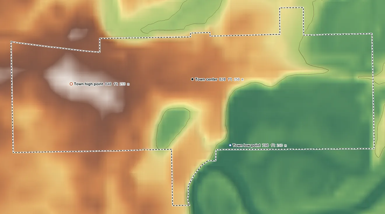 Topographic elevation map of St. Joe, Indiana, shaded from 790 ft on the southeast side to 840 ft on the west side