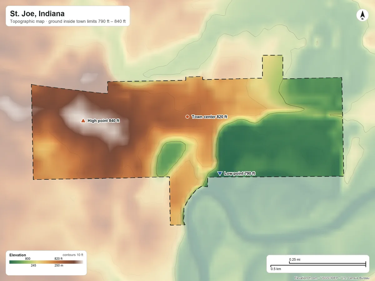Topographic elevation map of St. Joe, Indiana, shaded from 790 ft on the southeast side to 840 ft on the west side