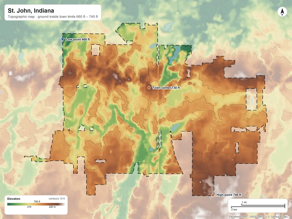 Topographic elevation map of St. John, Indiana, shaded from 660 ft on the northwest side to 740 ft on the southeast side