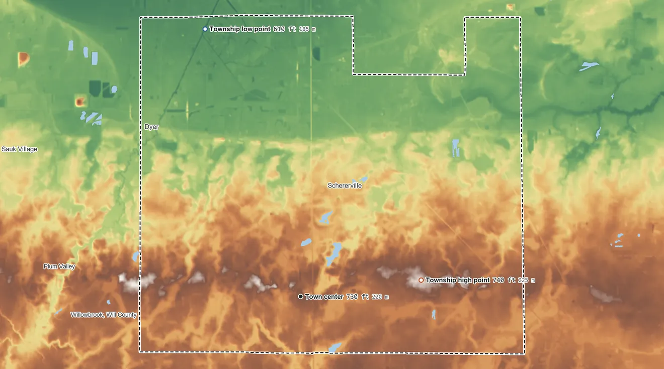 Topographic elevation map of St. John Township, Indiana, shaded from 610 ft on the north side to 740 ft on the east side