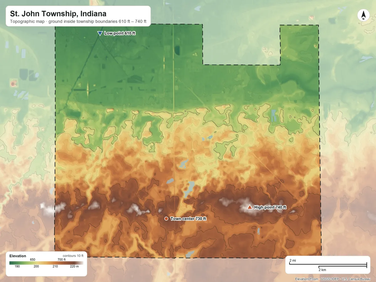 Topographic elevation map of St. John Township, Indiana, shaded from 610 ft on the north side to 740 ft on the east side