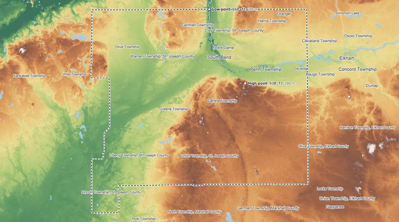Topographic elevation map of St. Joseph County, Indiana, shaded from 660 ft on the north side to 930 ft on the northeast side